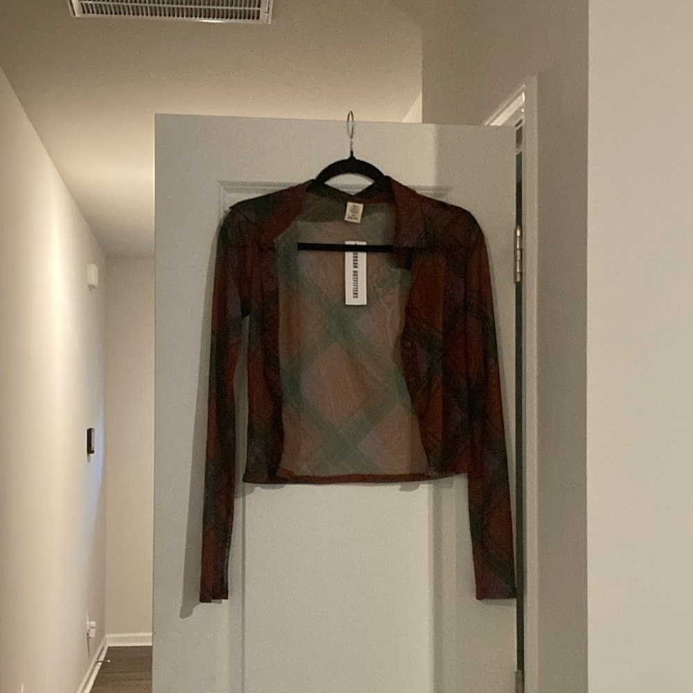 NWT Urban Outfitters Sheer Plaid Long Sleeve Top see through material medium